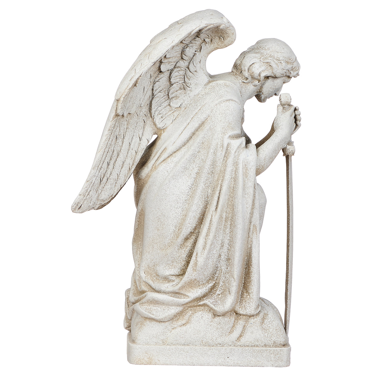 Opposite angled view of Joseph's Studio Male Angel Kneeling Garden Statue showing the kneeling angel, sword, and sculpted wing details
