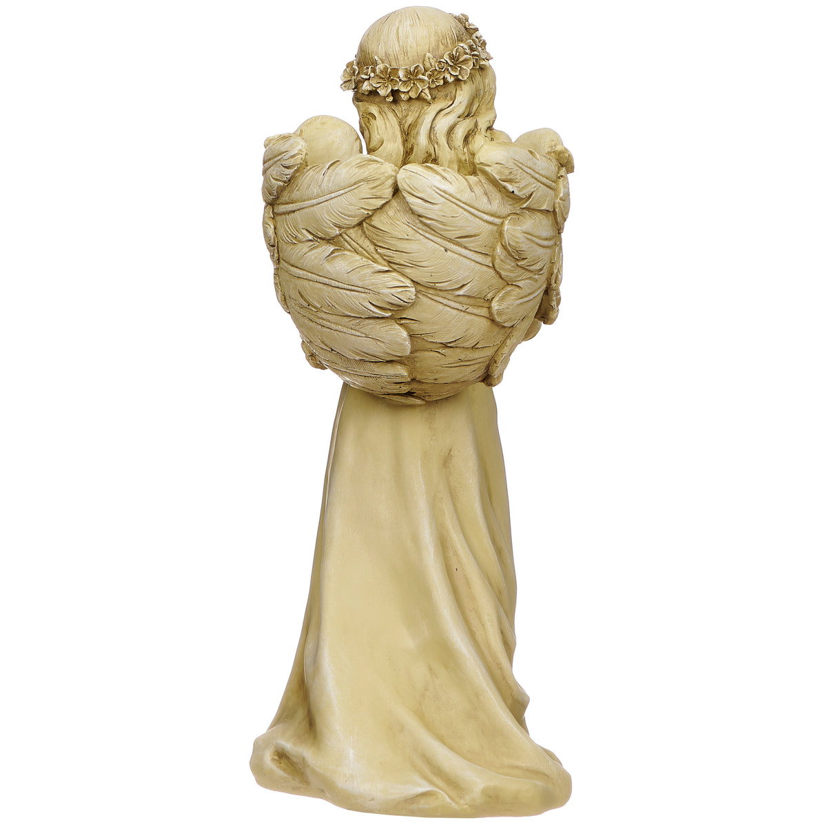 Back view of Joseph's Studio Praying Angel Planter showing the large feathered wings, flowing gown, and hidden planter opening