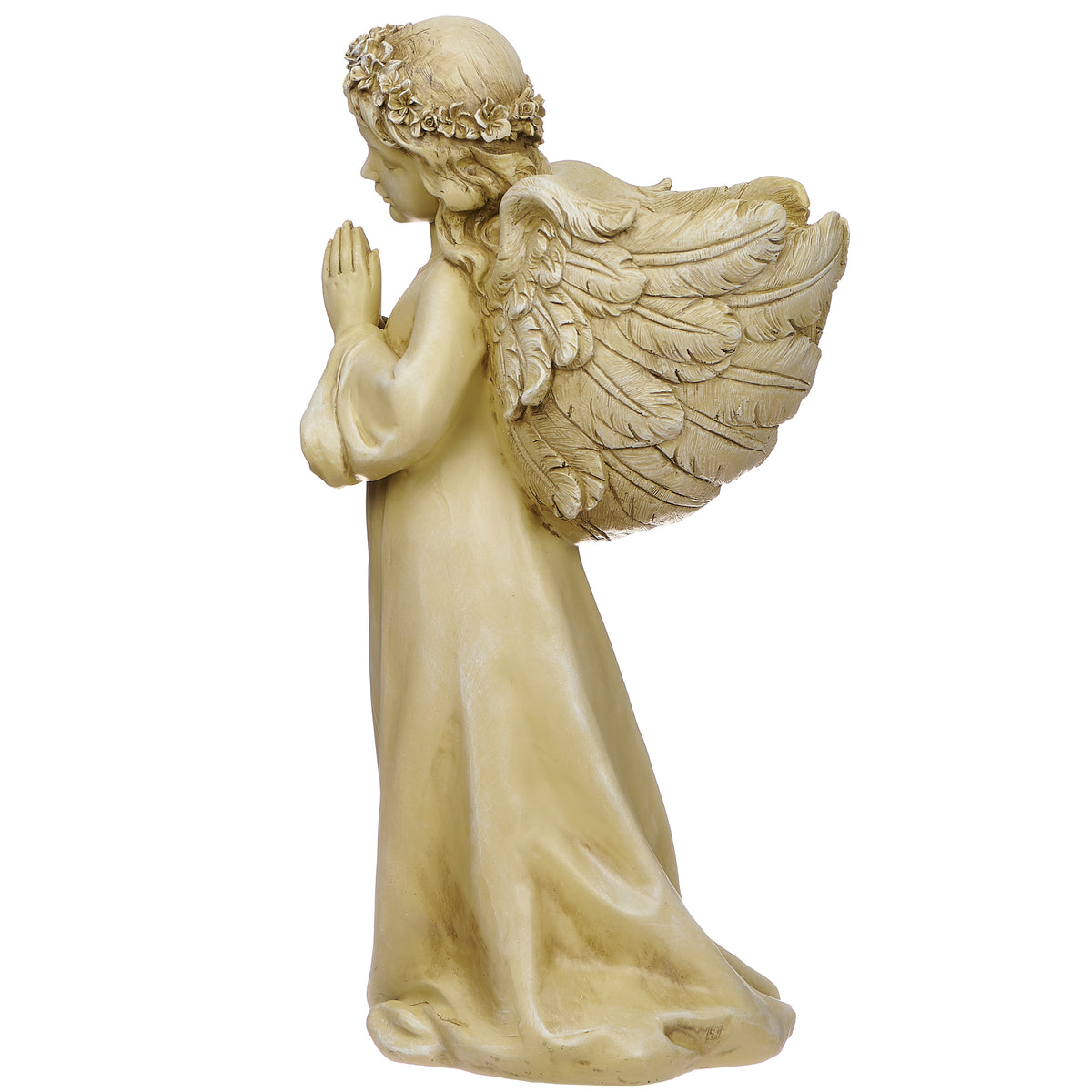 Side view of Joseph's Studio Praying Angel Planter showing the folded hands, floral crown, wing details, and planter cavity