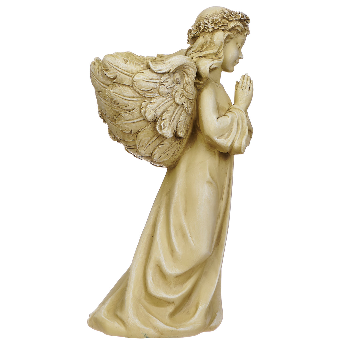 Opposite angled view of Joseph's Studio Praying Angel Planter showing the praying angel, flowing gown, and sculpted wings