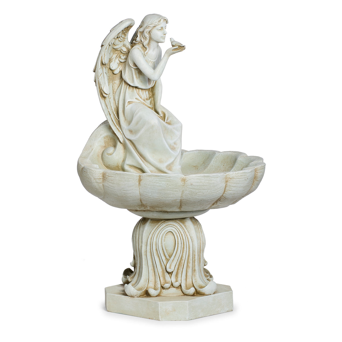 Alternate angled view of Joseph's Studio Seated Angel Scalloped Birdbath Garden Statue showing the seated angel and sculpted scalloped basin