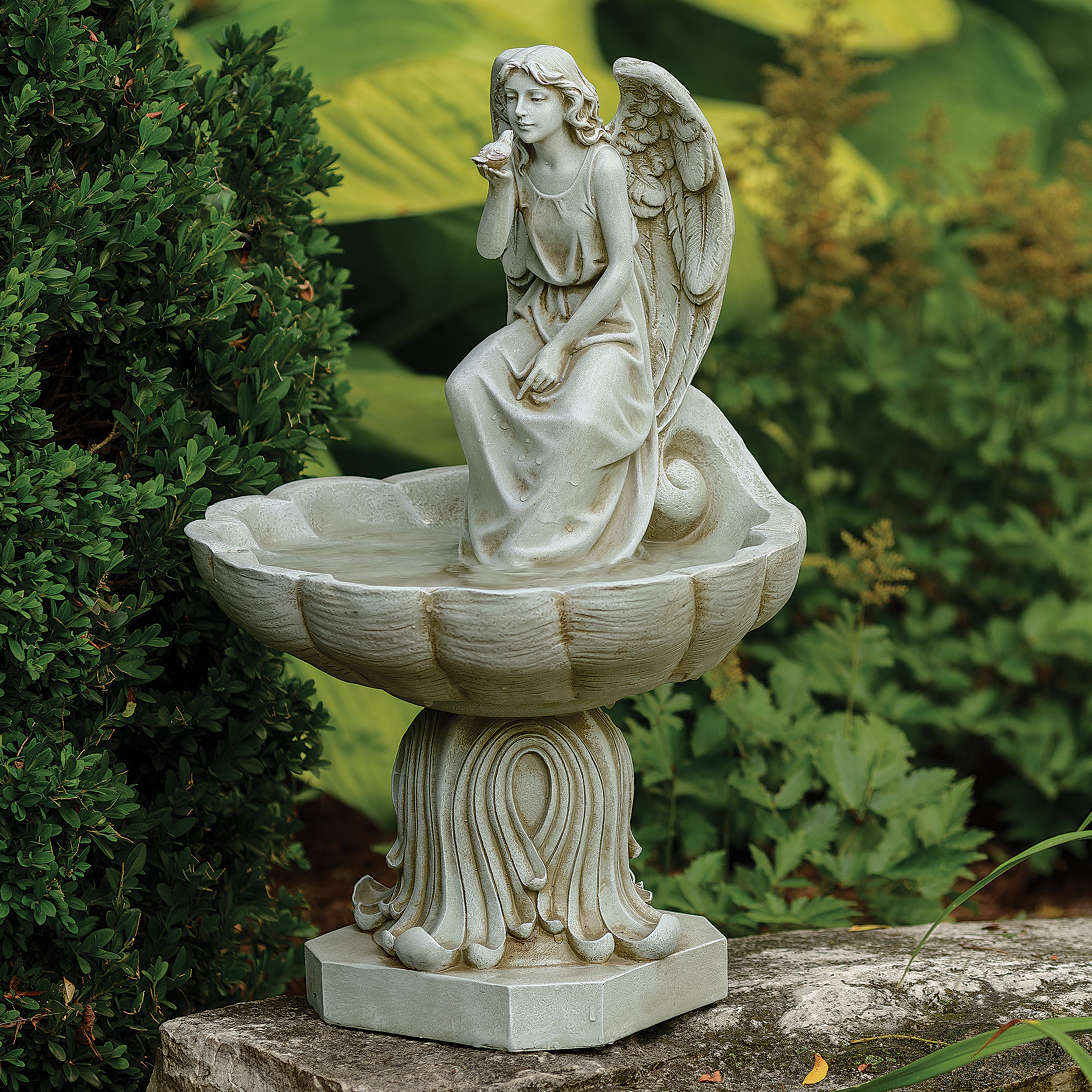 Joseph's Studio Seated Angel Holding Scalloped Birdbath Garden Statue