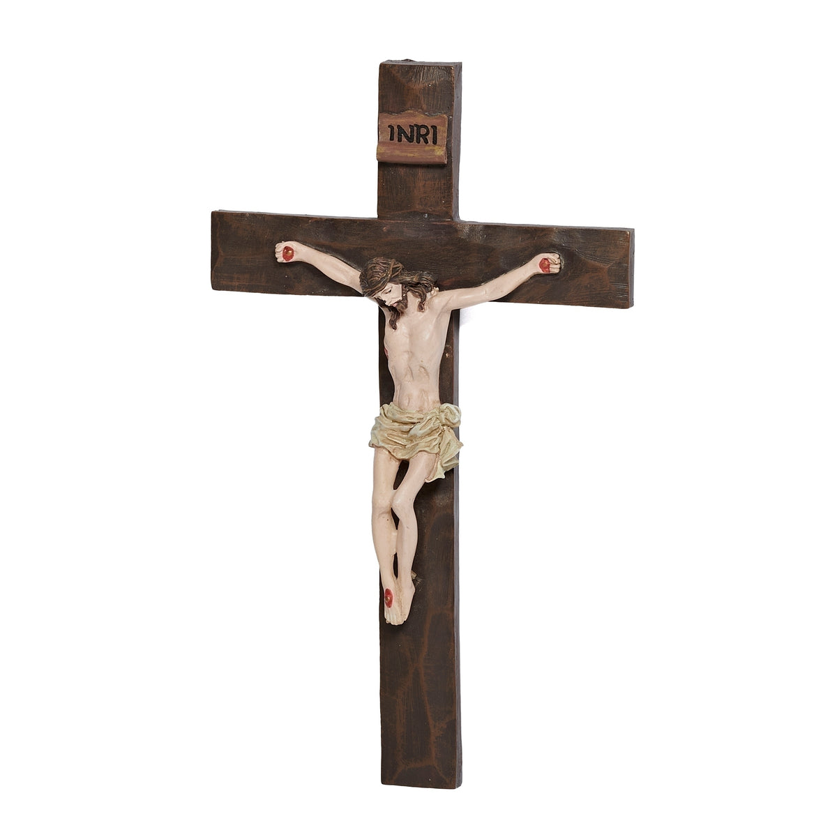 Traditional Catholic crucifix with beveled wood-look cross and INRI plaque