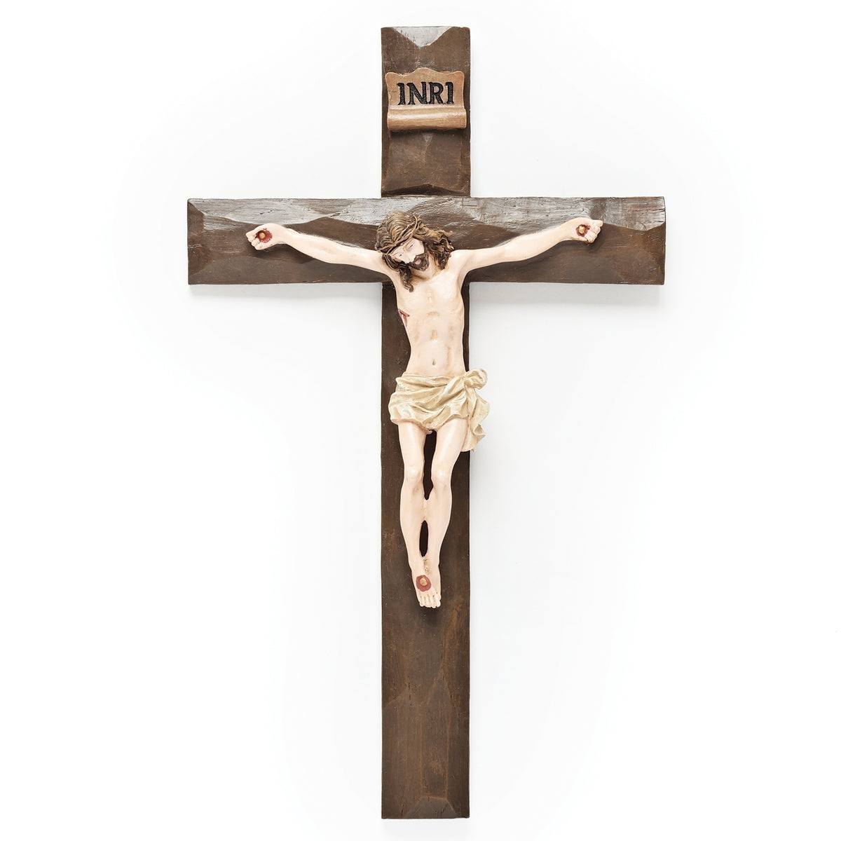 11.5-inch beveled Catholic wall crucifix with traditional Jesus Christ corpus