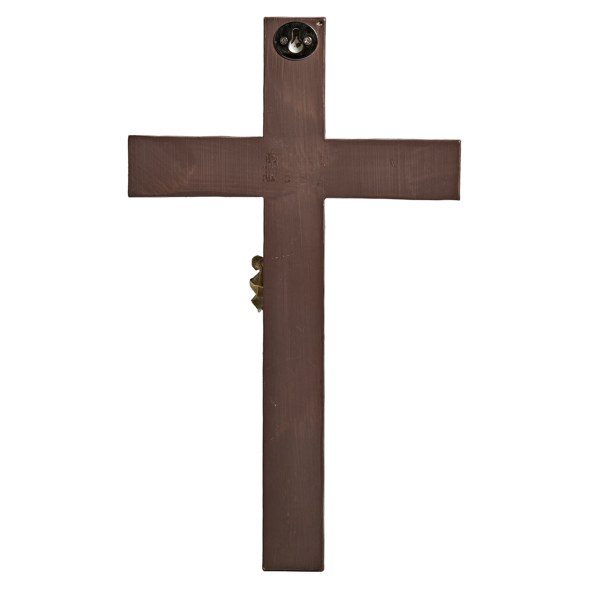 Back view of 11.5-inch beveled Catholic wall crucifix with hanging hardware