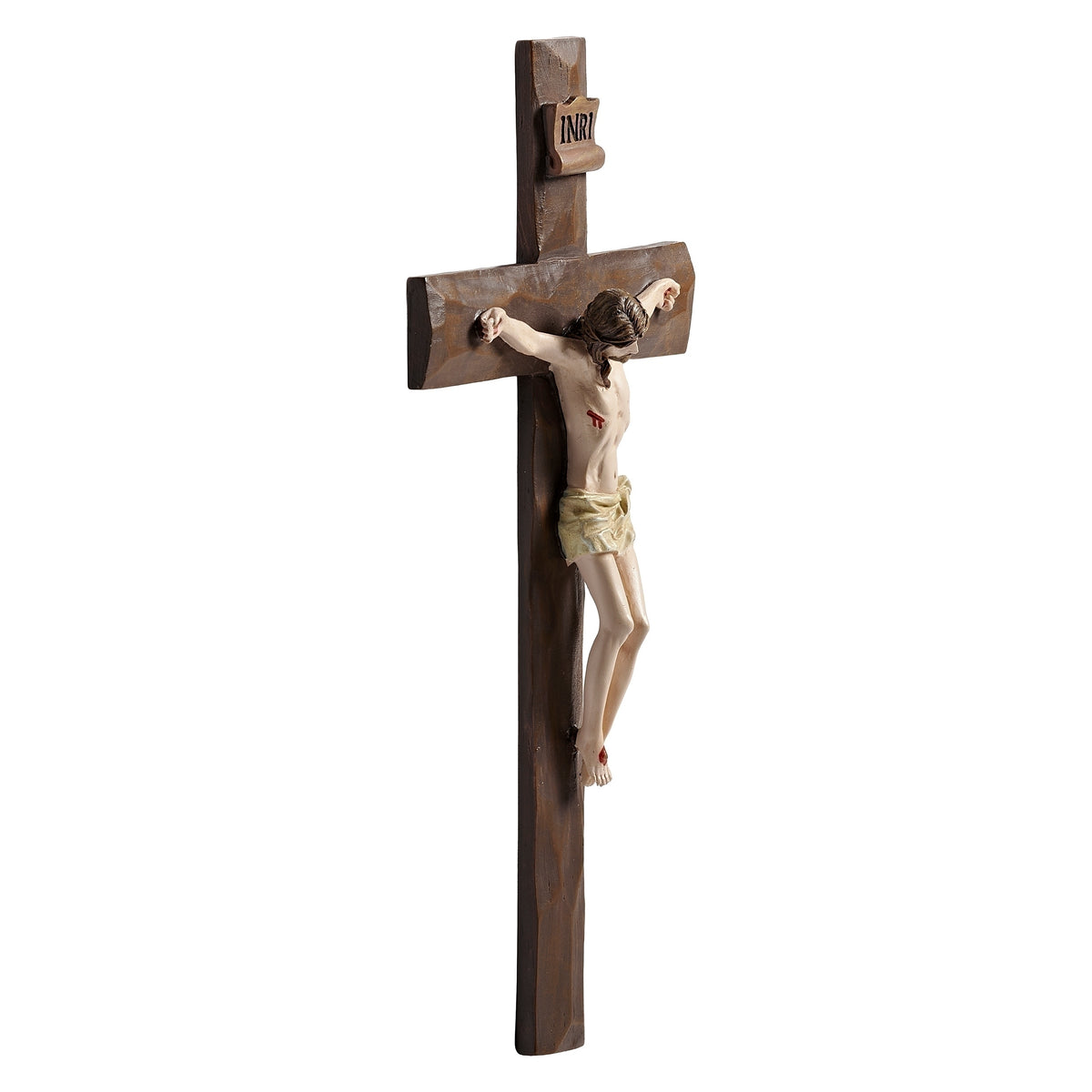 Side view of 11.5-inch beveled wall crucifix with dimensional Christ figure