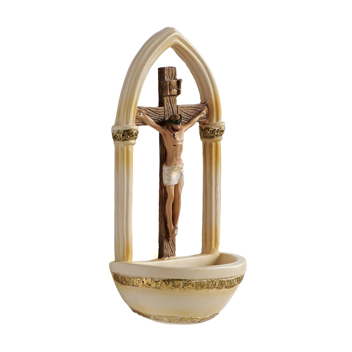 Opposite angled view of Crucifix Holy Water Font showing the crucifix, gold accents, and holy water basin