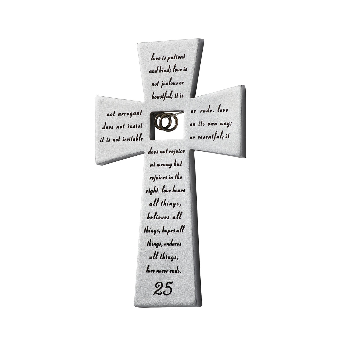 Alternate front view of anniversary cross showing scripture across its arms and stem with a silver-toned ring detail at the center.