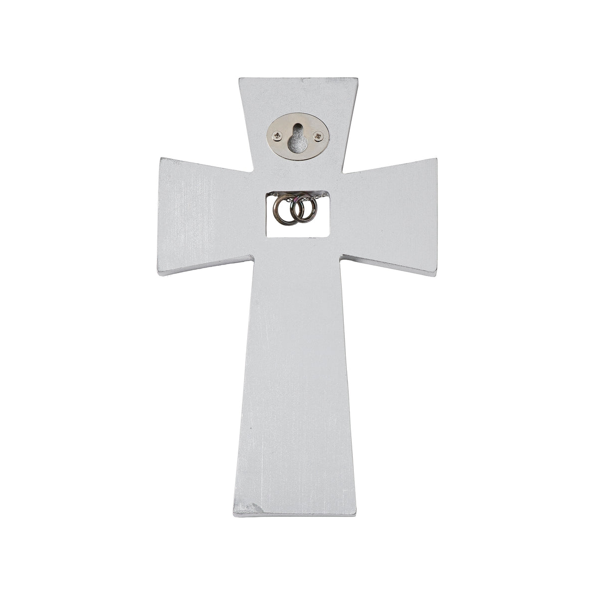 Rear view of white anniversary wall cross showing its plain back and hanging hardware.