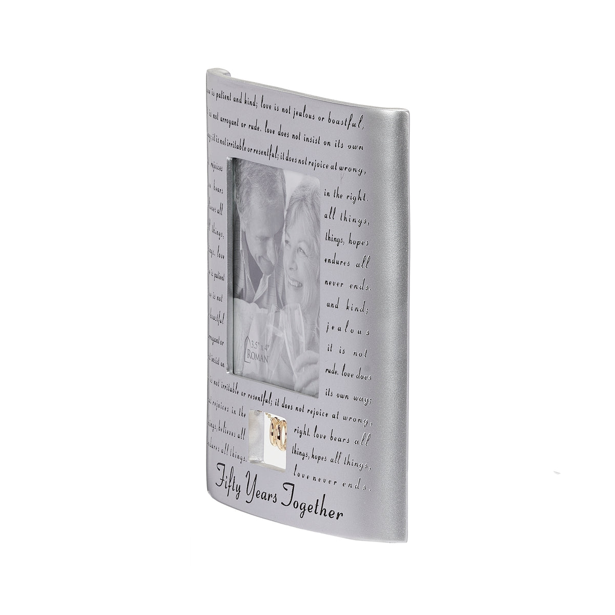 Angled front view of 50th anniversary frame showing the curved shape and scripture surrounding the photo opening.