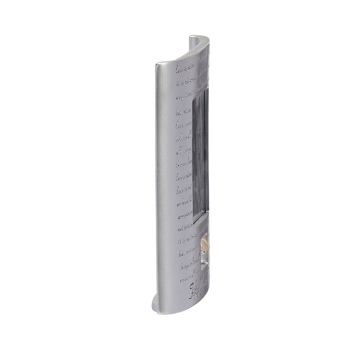 Side view of anniversary frame showing its curved, freestanding profile.