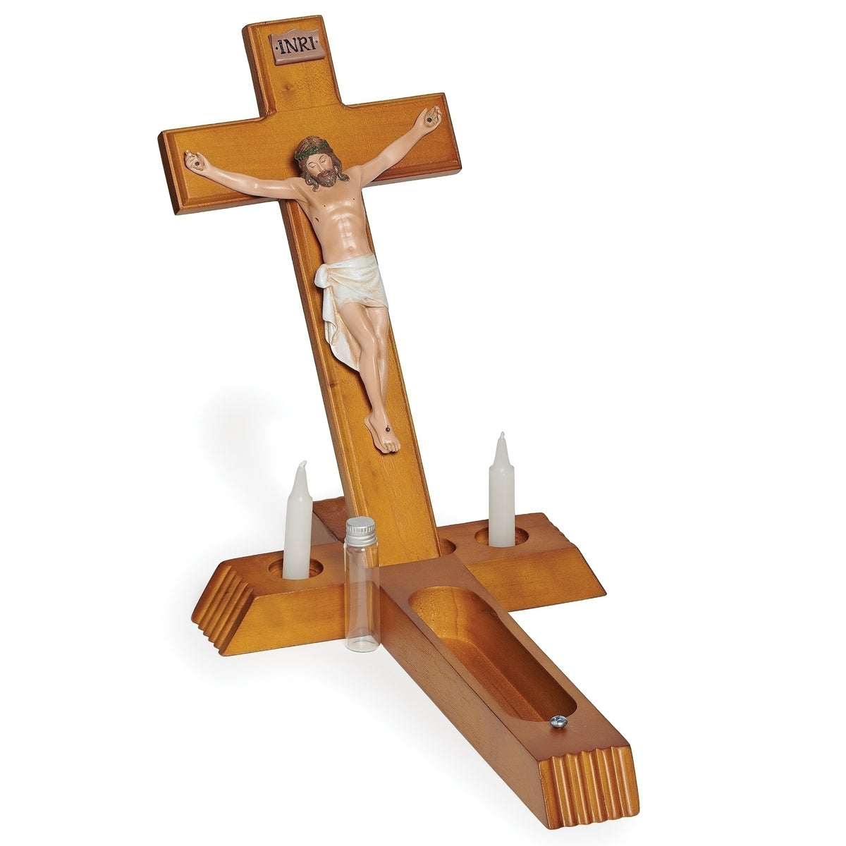 Catholic sick call crucifix standing upright with wooden base opened