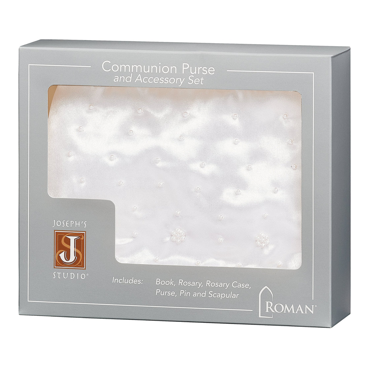 Joseph's Studio My First Communion Girl's Purse & Accessory Gift Set shown inside its coordinating presentation box with the white satin purse visible through the front window