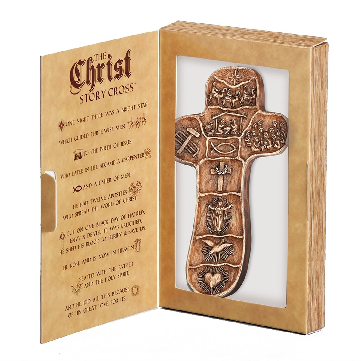 Christ Story Palm Cross displayed in illustrated gift packaging