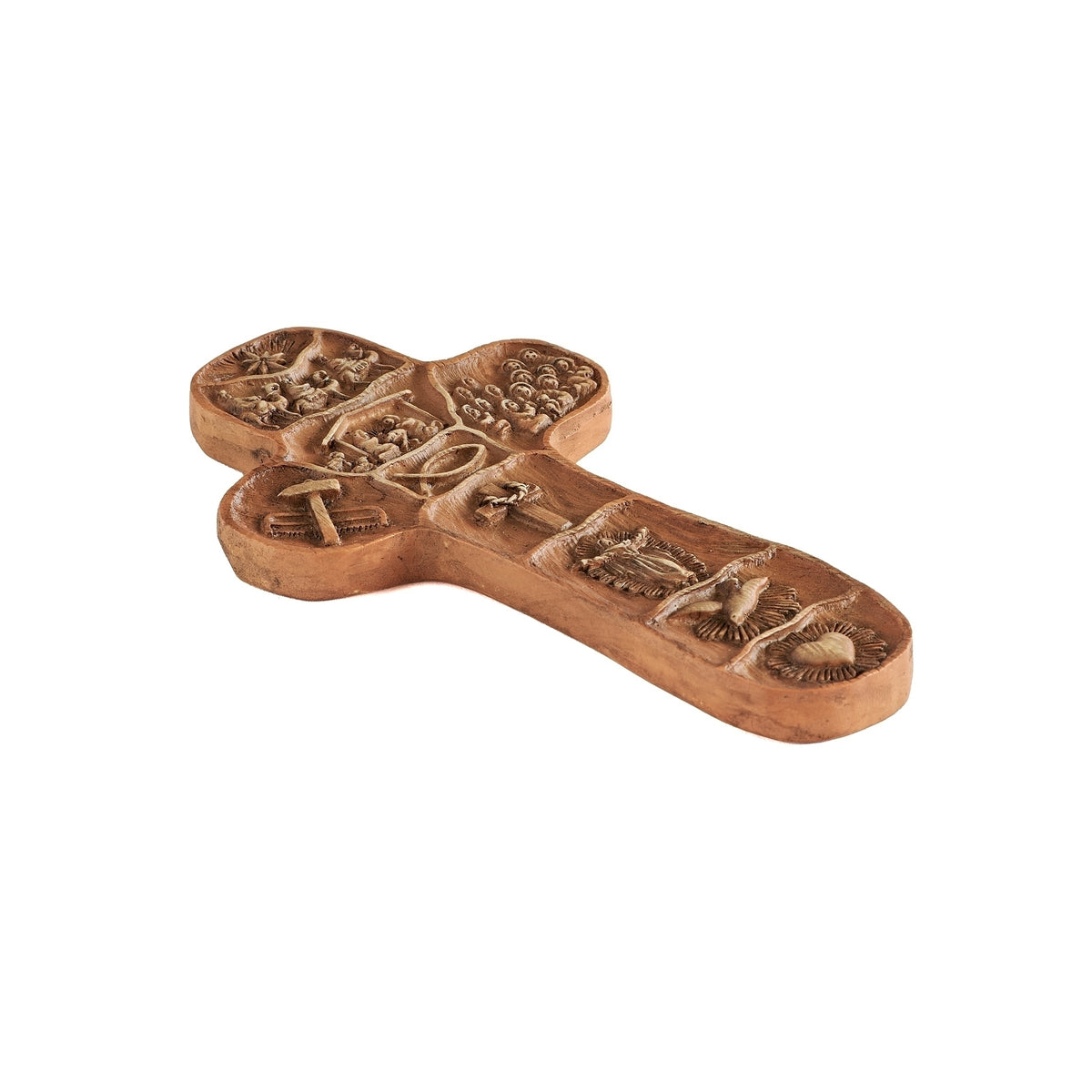 Angled view of Christ Story Palm Cross showing carved details