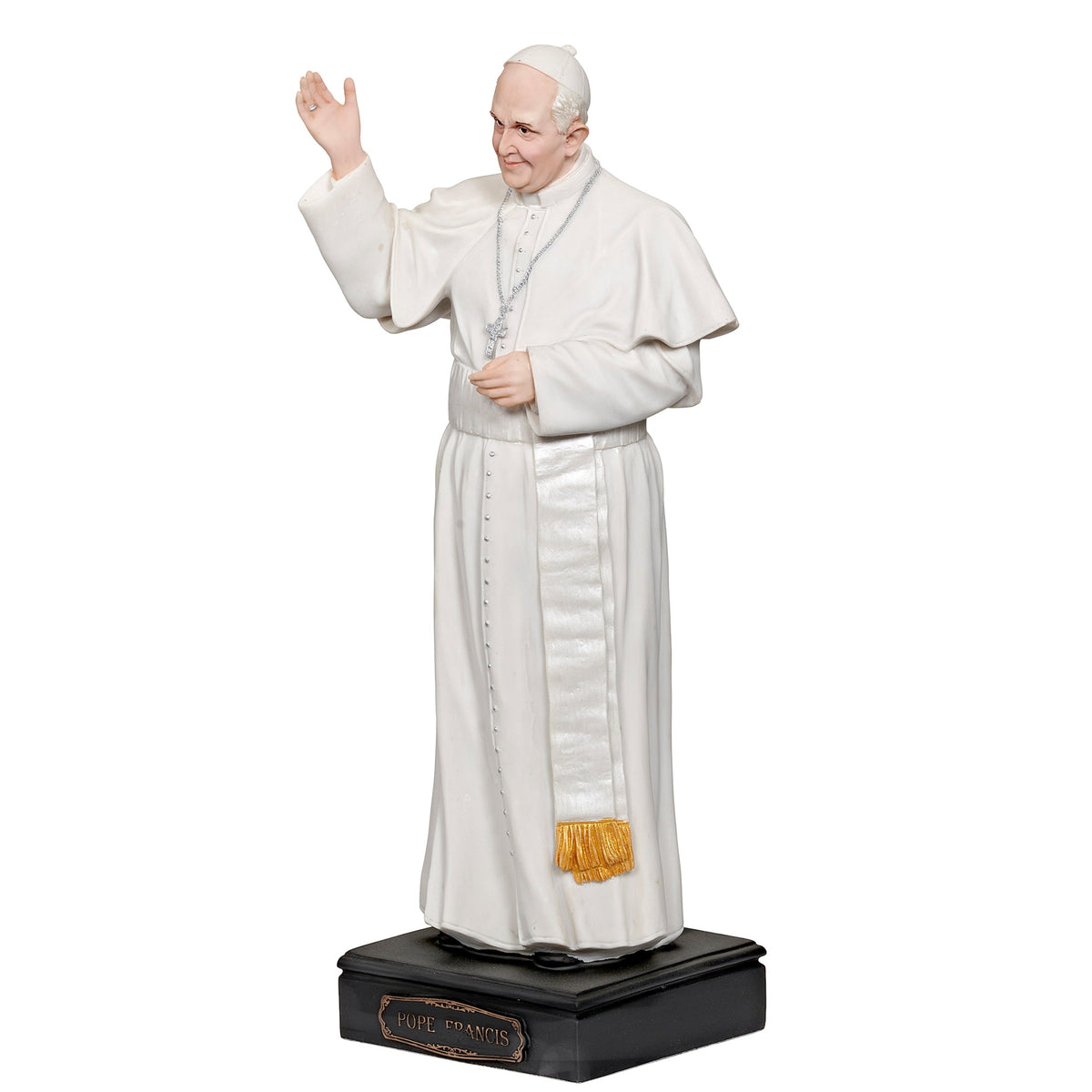 Front angled view of Pope Francis figure showing his raised hand, white papal robes, and black display base