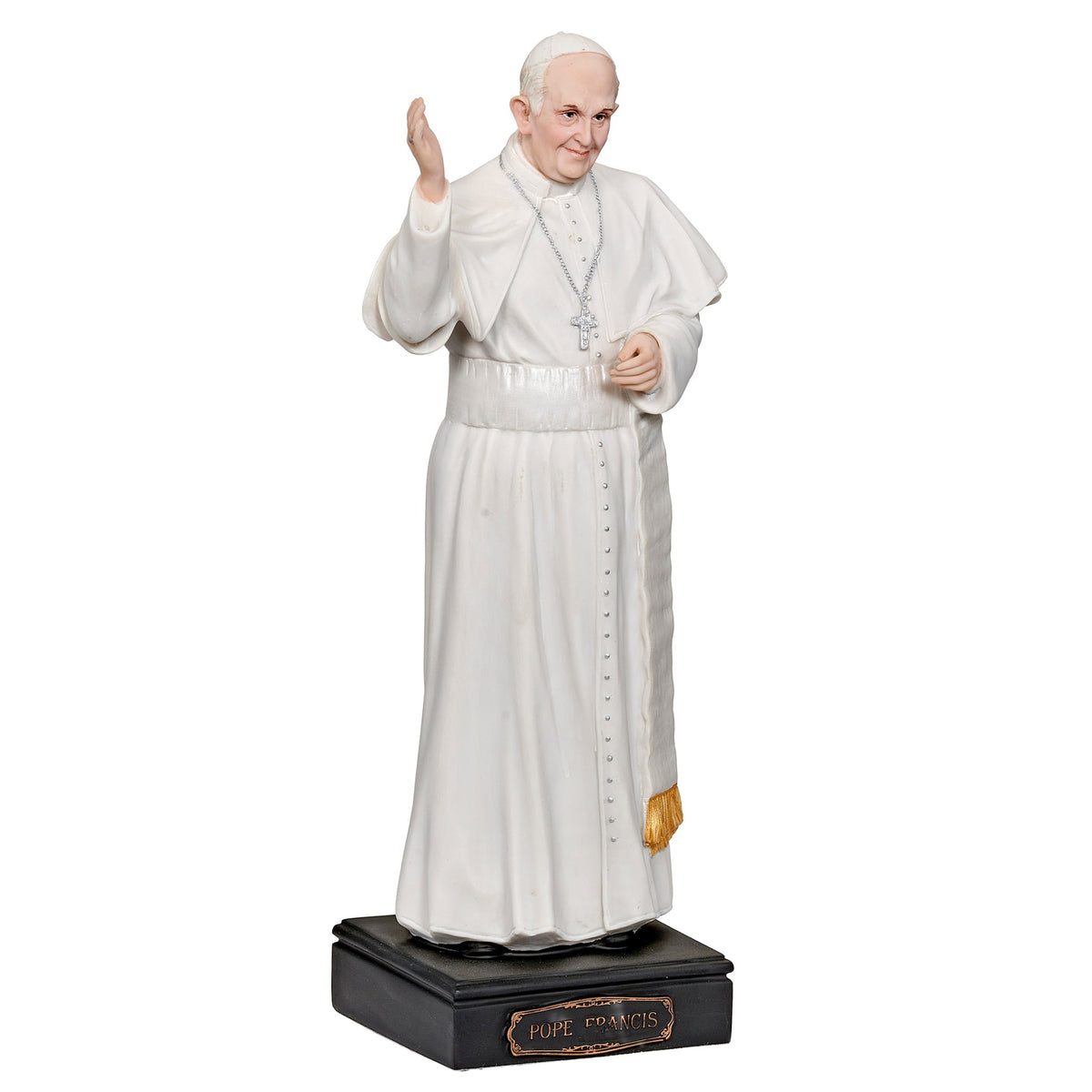 Opposite angled view of Pope Francis figure showing his blessing pose and detailed white papal garments