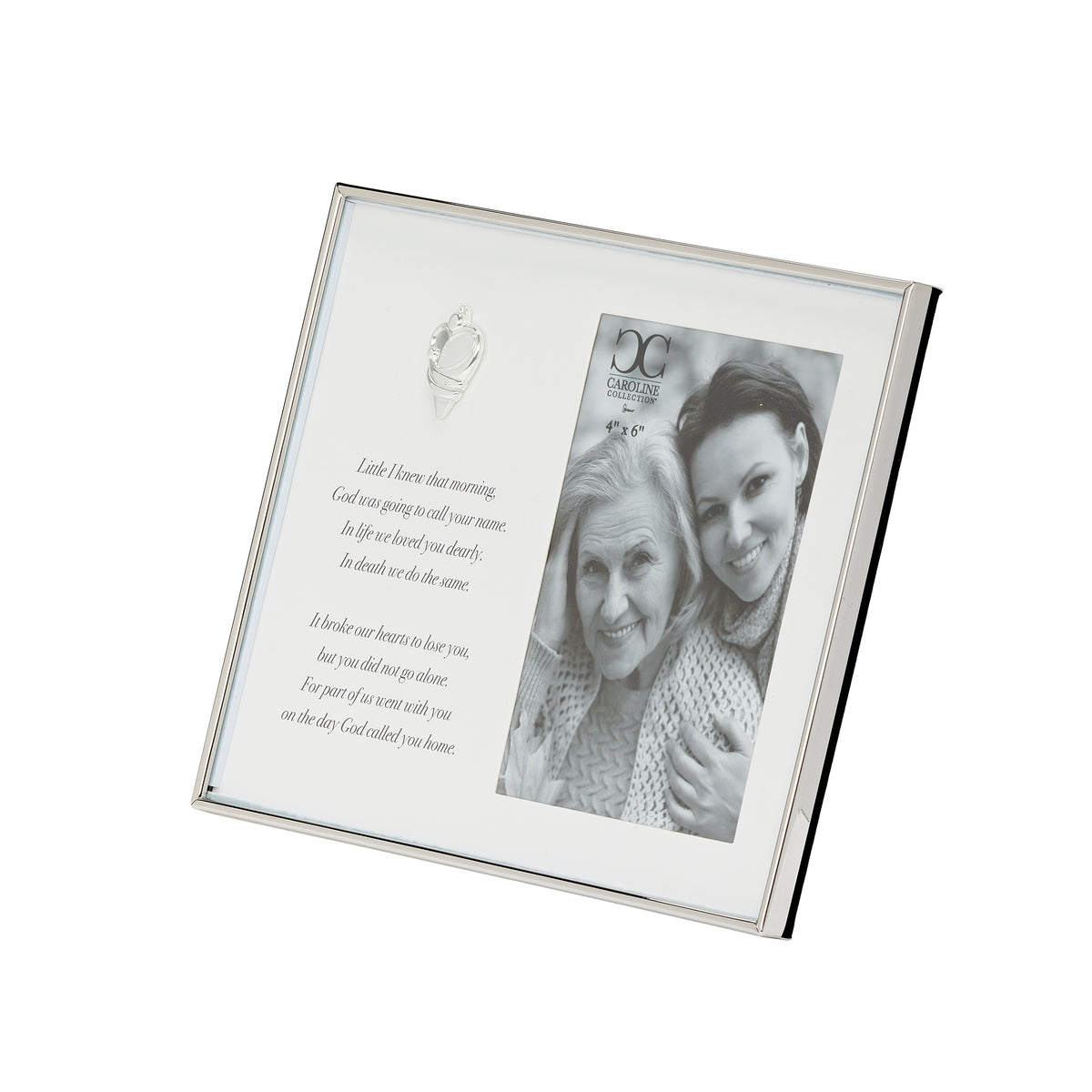 Front angled view of God Called You Home Memorial Picture Frame showing the memorial verse, heart accent, and photo opening