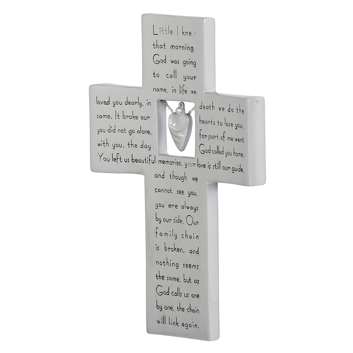 Front view of Family Chain Memorial Cross showing the engraved remembrance verse and cross design