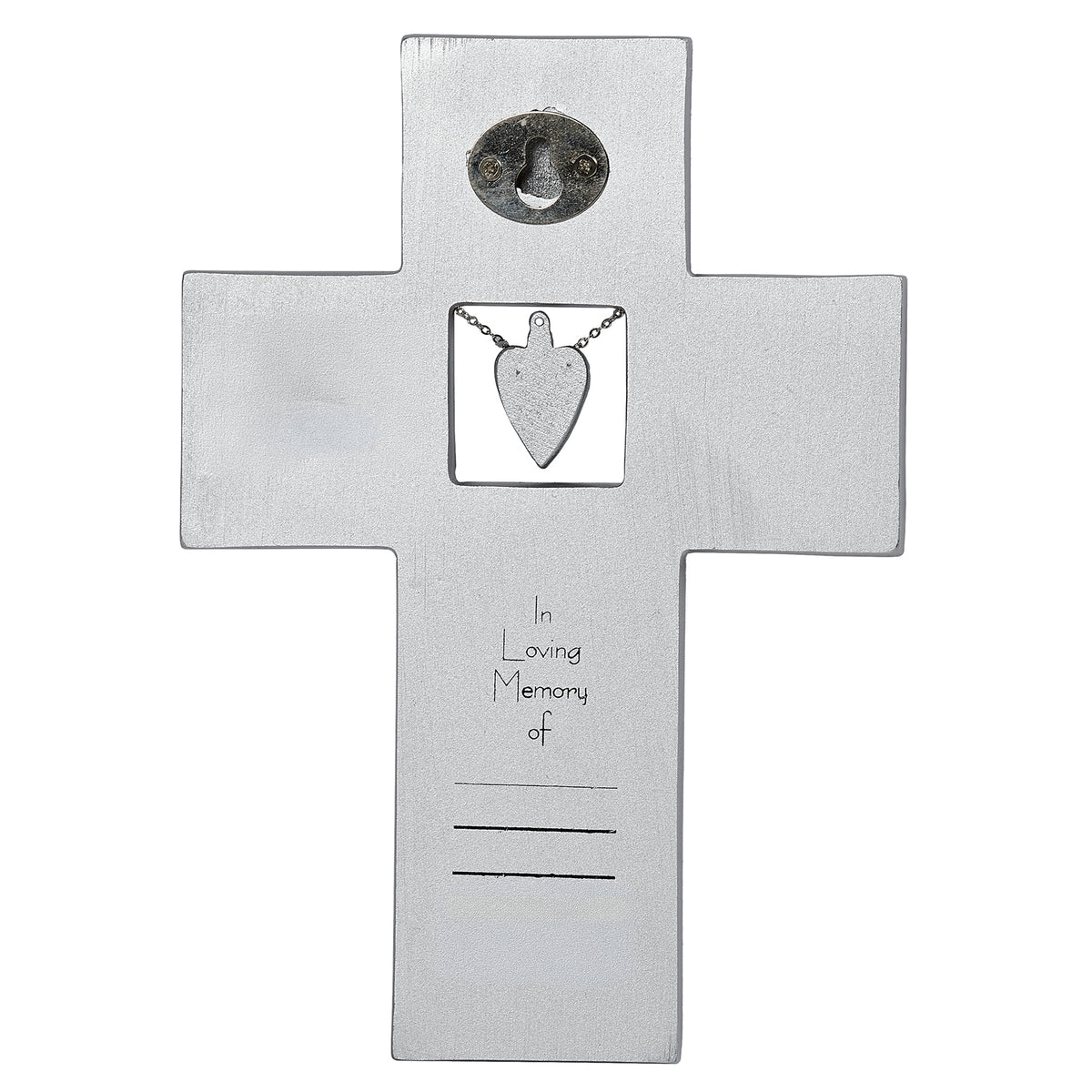 Back view of Family Chain Memorial Cross showing the hanging heart charm and smooth backing