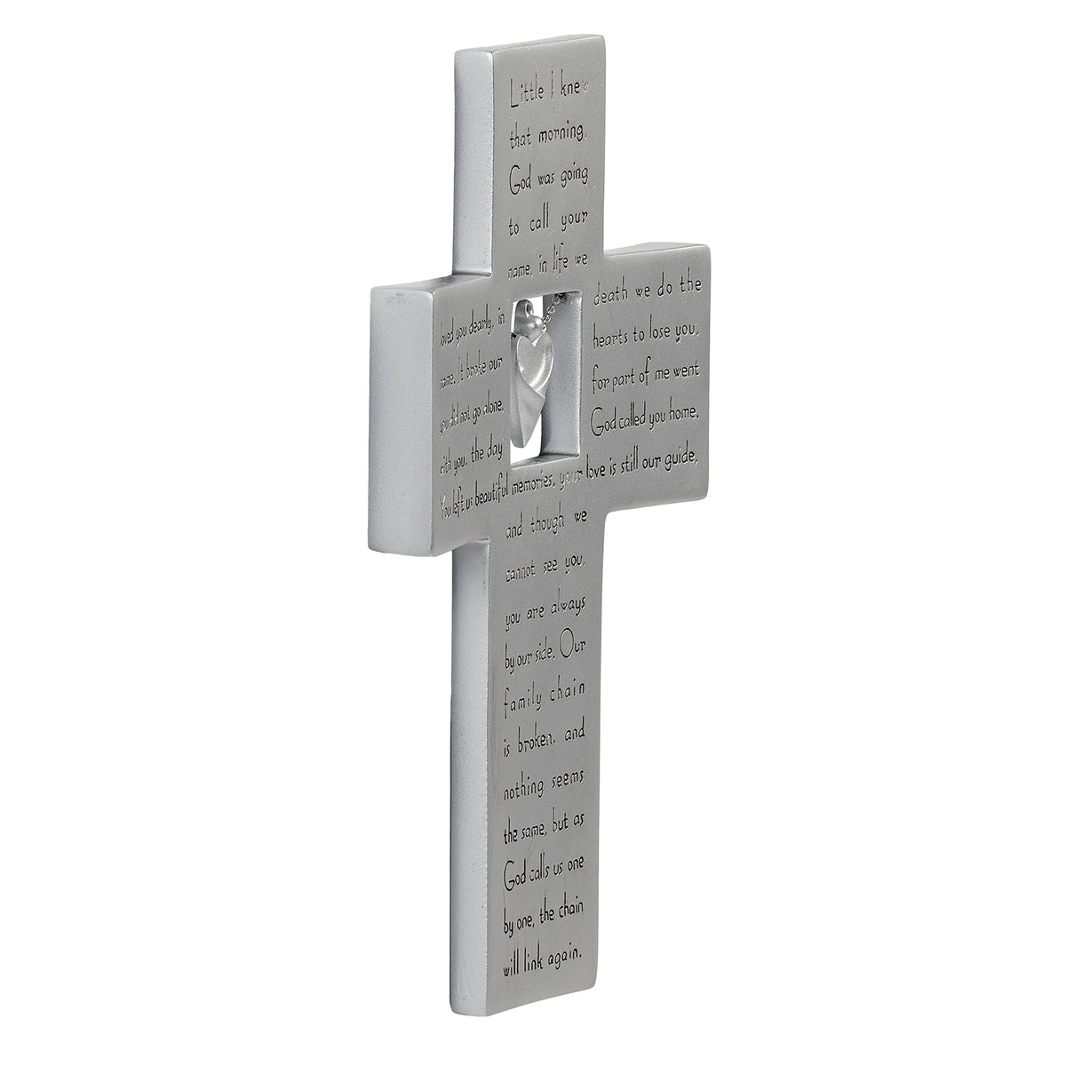 Side view of Family Chain Memorial Cross showing the thickness of the resin cross and raised detailing