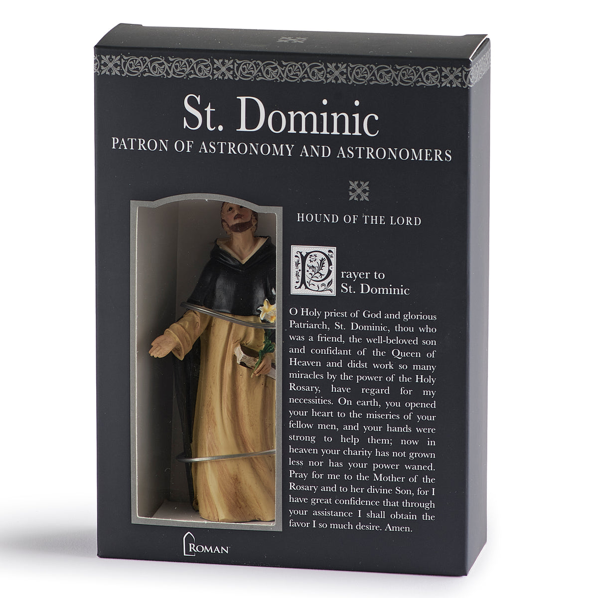 St. Dominic Patrons & Protectors figure shown beside its black informational gift box