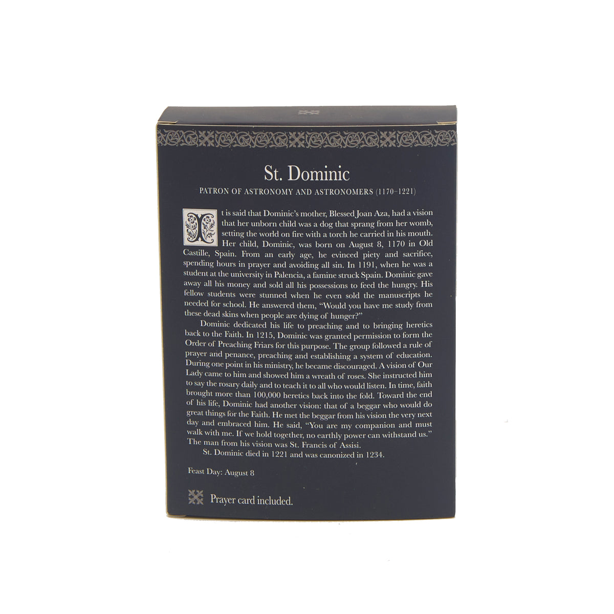 Back of St. Dominic Patrons & Protectors packaging with devotional and product information