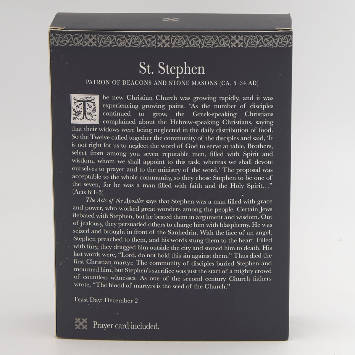 Back of St. Stephen Patrons & Protectors packaging with devotional and product information