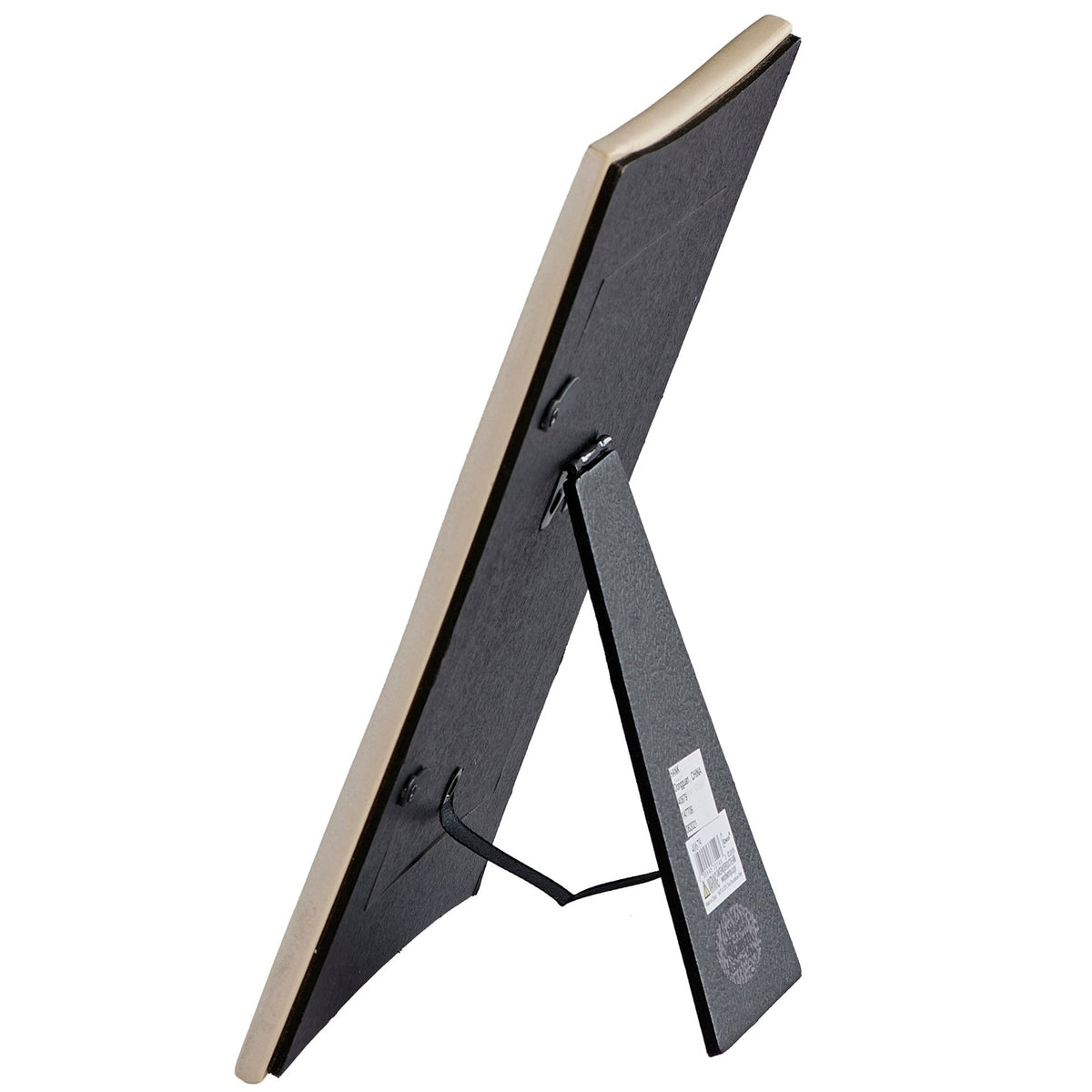 Side view of First Communion Gold Crucifix & Curved Edge Picture Frame showing the curved frame profile and open tabletop easel stand