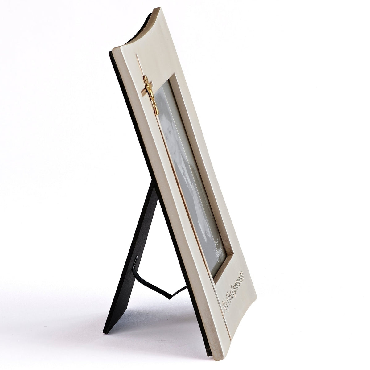 Opposite side view of First Communion Gold Crucifix & Curved Edge Picture Frame showing the slim curved profile and tabletop stand