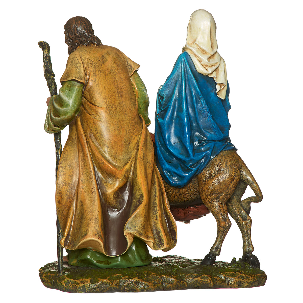 Rear angled view of Joseph's Studio La Posada Figure showing Joseph's flowing robe, Mary's blue mantle, and the donkey from behind