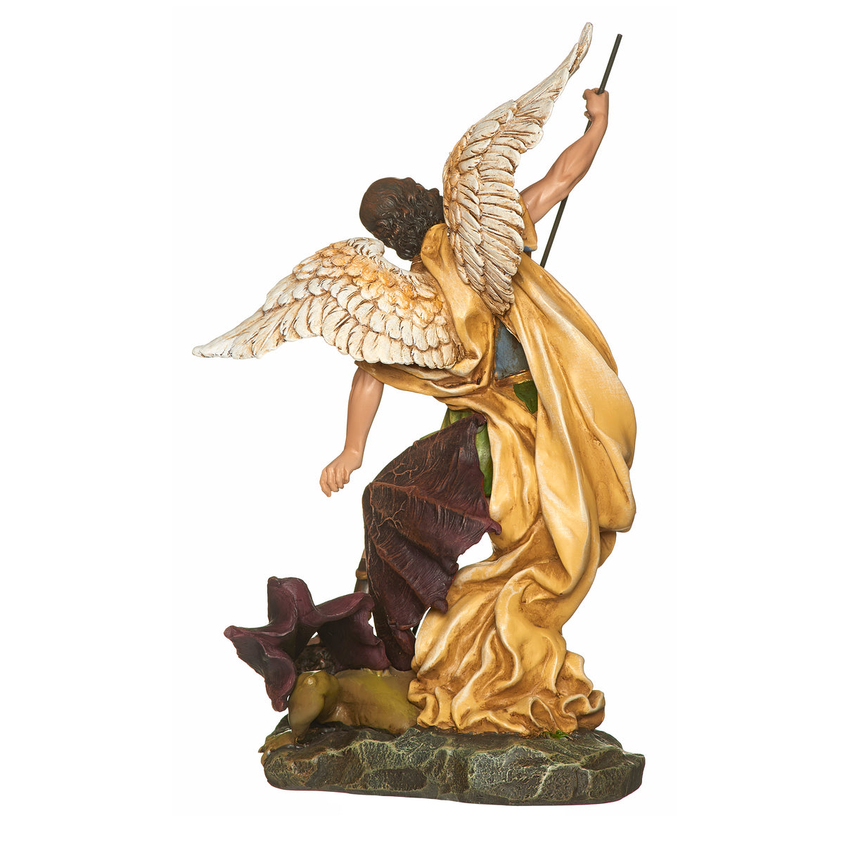 St. Michael Archangel figurine back angle showing feathered wings and robe