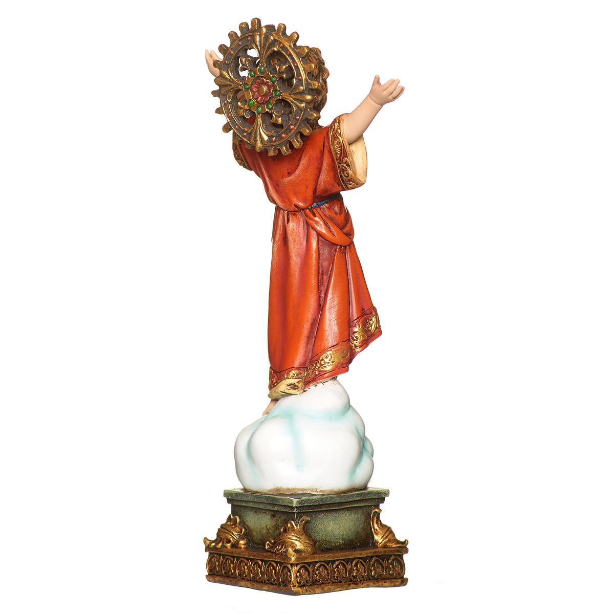 Back view of The Divine Child Renaissance Collection Figure showing the flowing red robe, sculpted hair, halo, and cloud base
