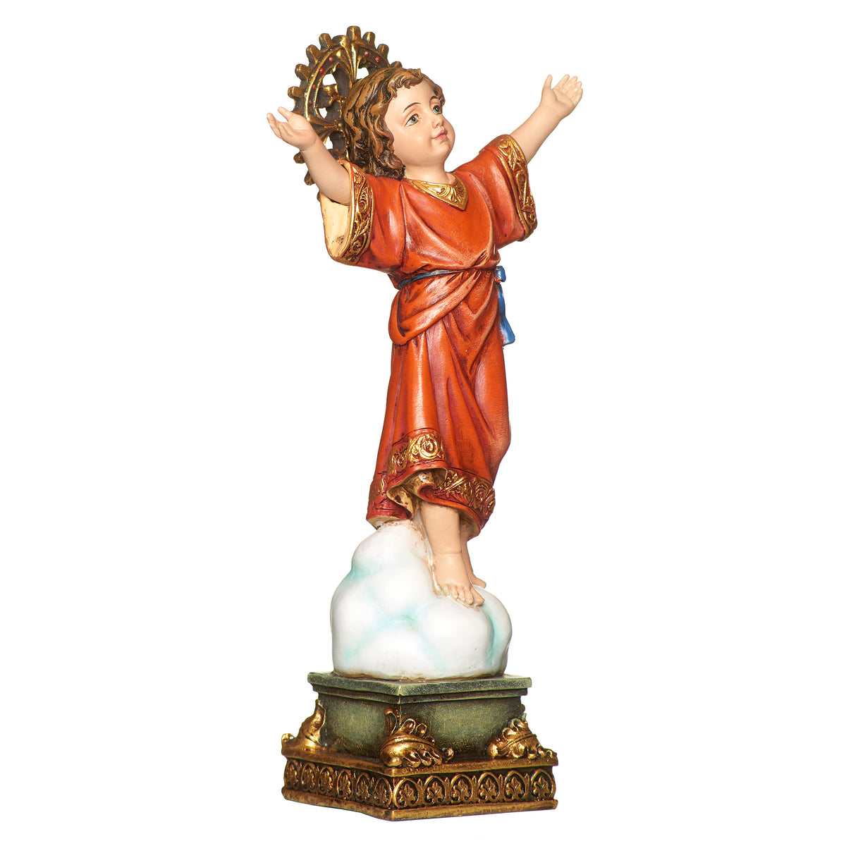 Side view of The Divine Child Renaissance Collection Figure showing the raised arms, detailed robe, radiant halo, and sculpted pedestal