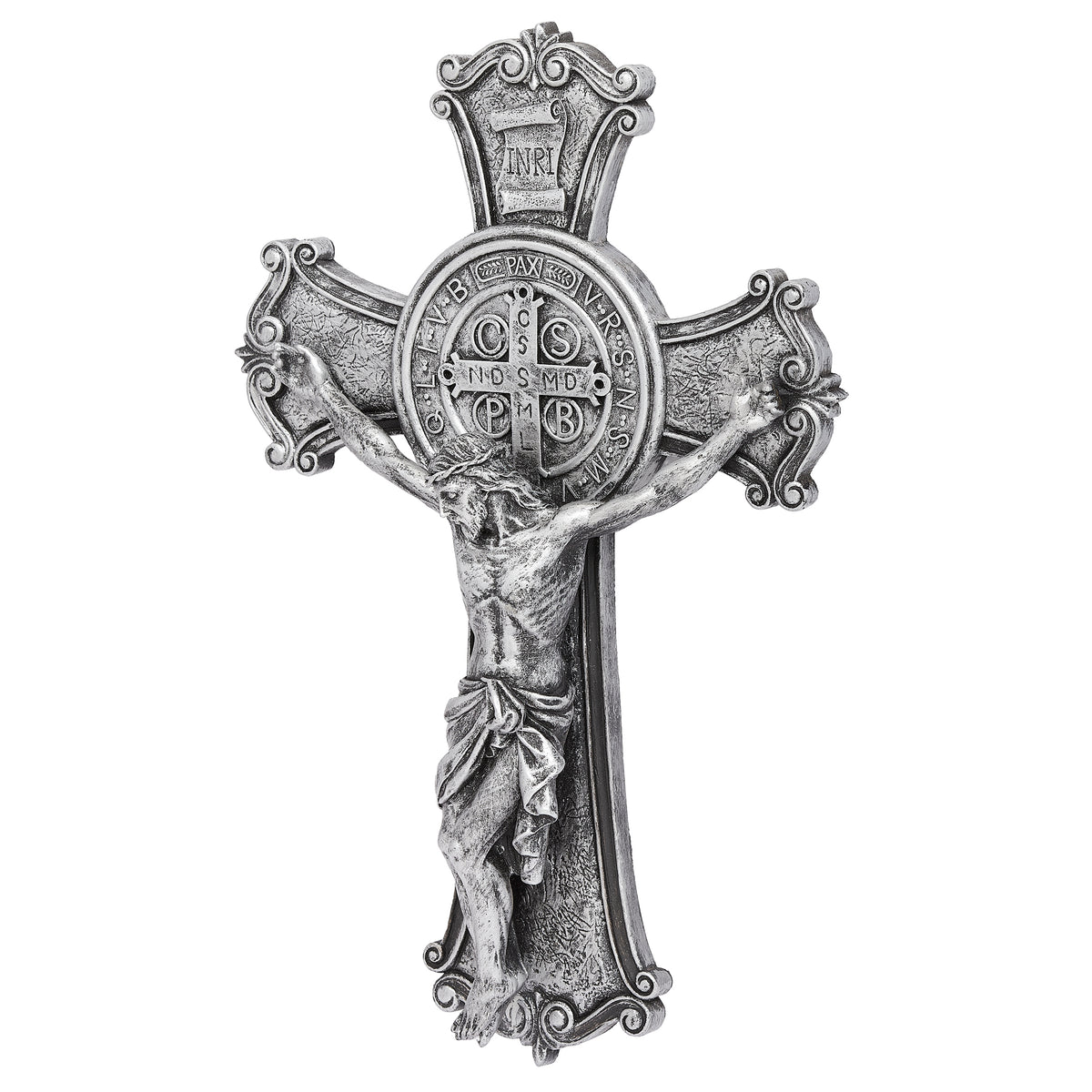 Front view of Joseph's Studio St. Benedict Crucifix showing Christ on the cross with the St. Benedict medal and decorative sculpted details
