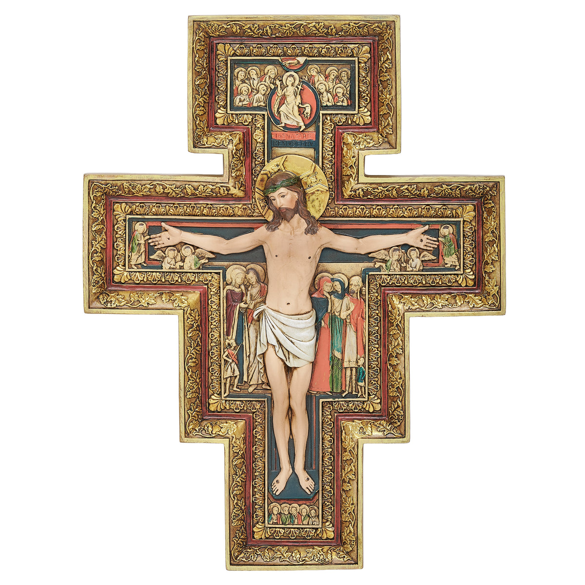 Front view of Joseph's Studio San Damiano Crucifix showing Christ centered on the ornate icon-style cross with detailed religious imagery