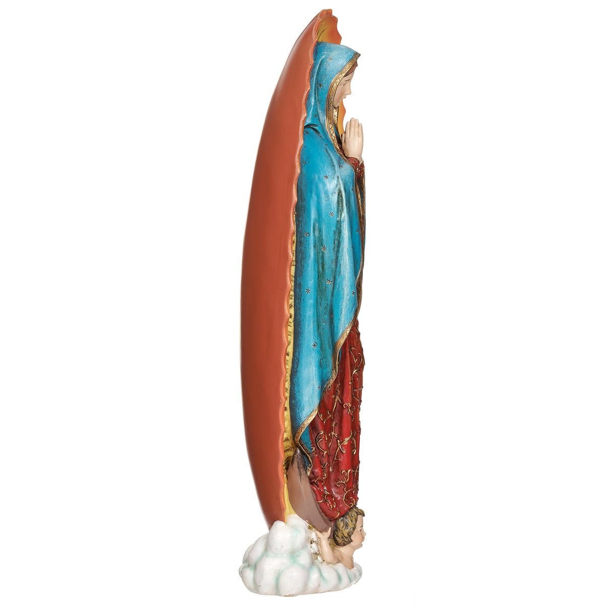 Opposite side view of Our Lady of Guadalupe Figure showing the slim profile, flowing robes, and sculpted radiant frame