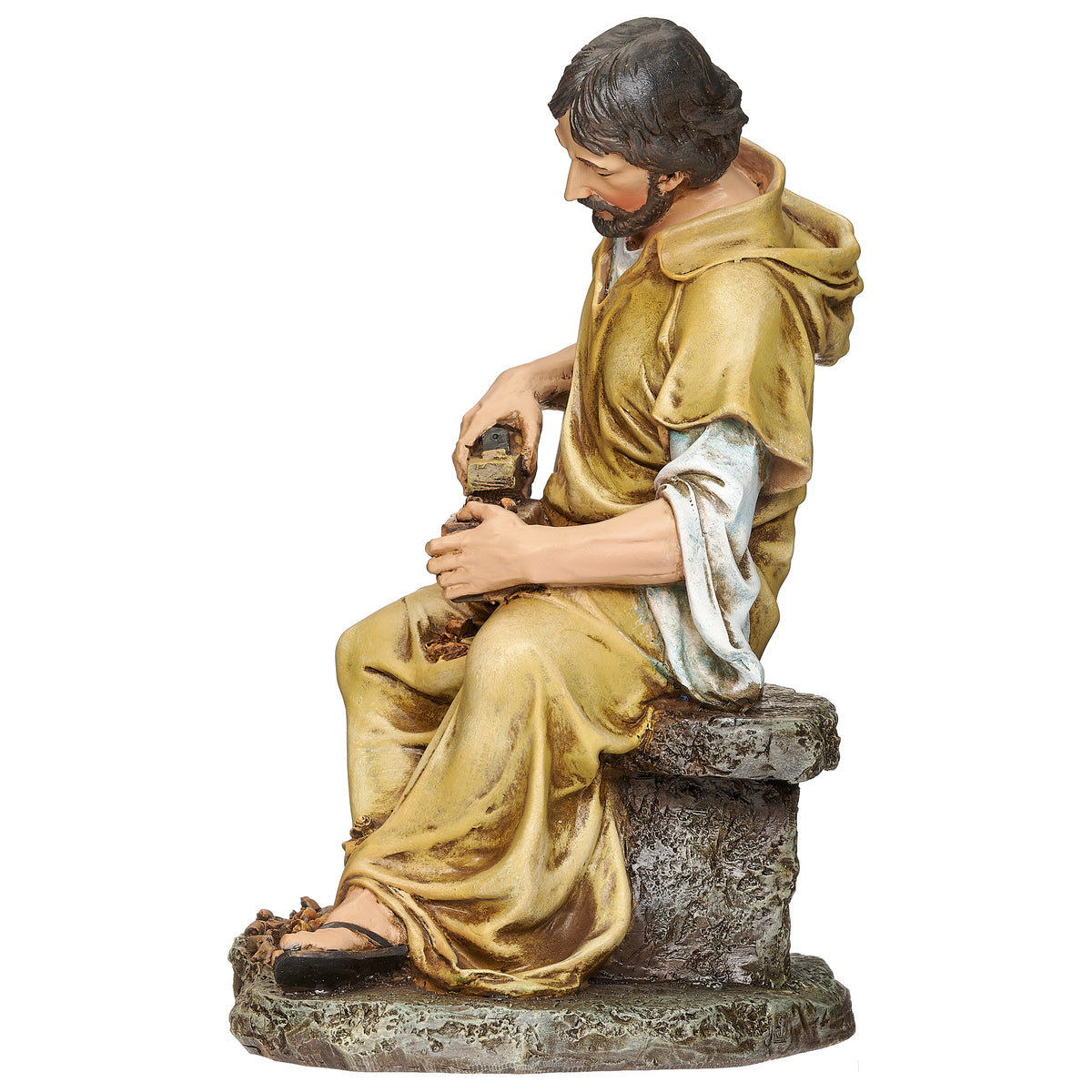 Opposite front angled view of Joseph's Studio St. Joseph the Carpenter Figure highlighting the carved wood piece, tools, and detailed robes
