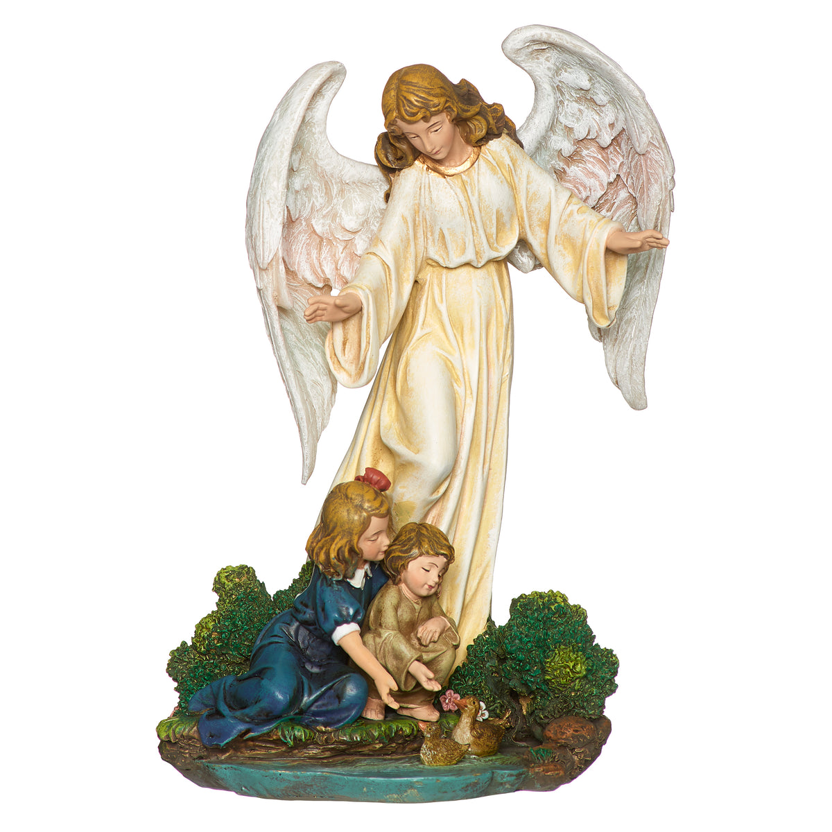 Alternate front angled view of Joseph's Studio Guardian Angel with Child Figure highlighting the two children, flowing angel robes, feathered wings, and greenery