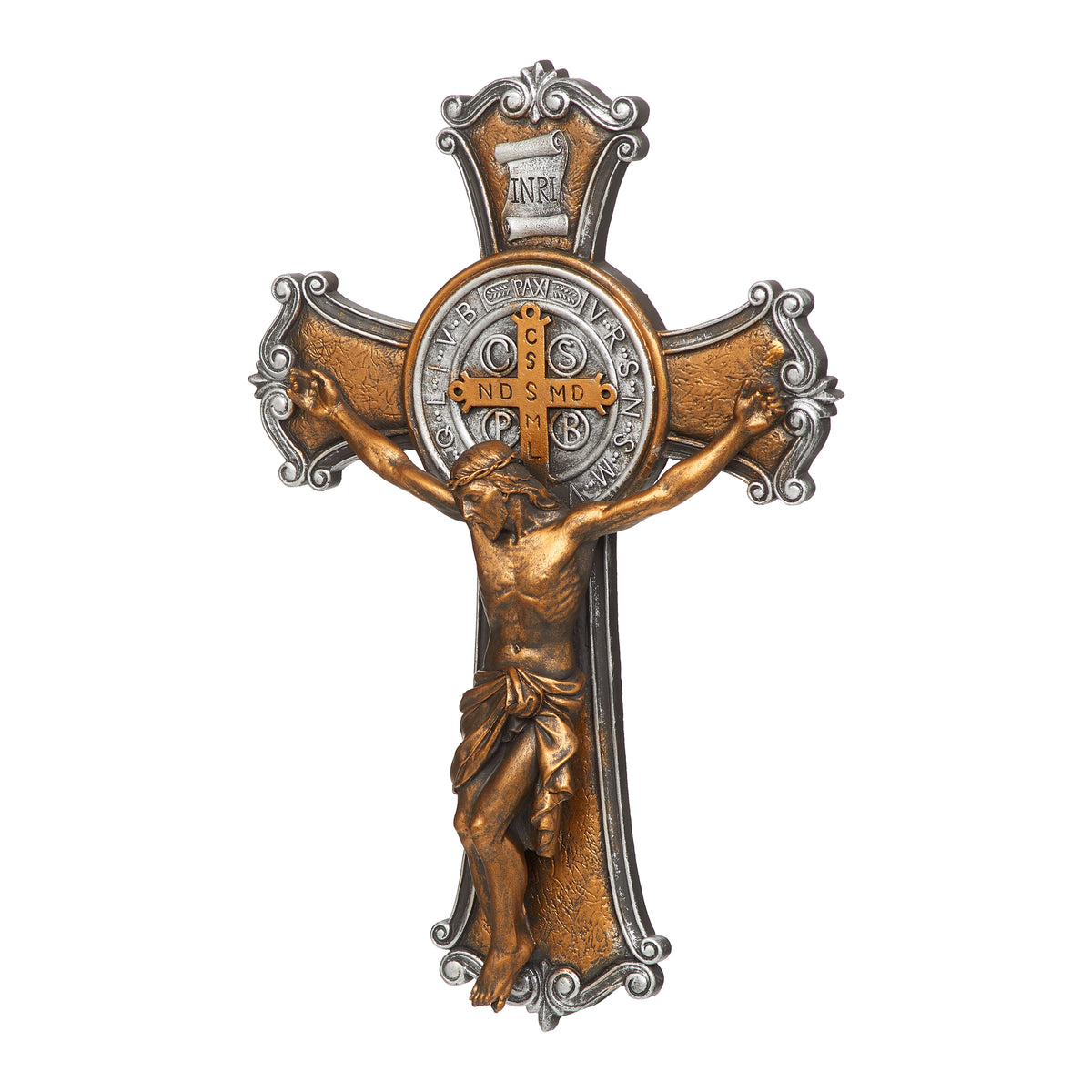 Alternate front angled view of Joseph's Studio St. Benedict Crucifix with antique bronze finish and blue accent details