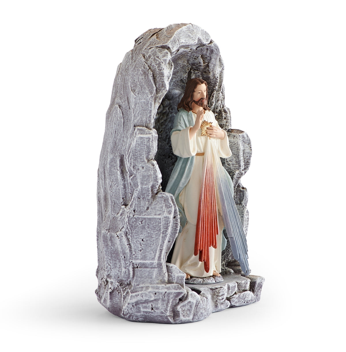 Angled front view of Divine Mercy Tabletop Grotto with Jesus figure and candle holder