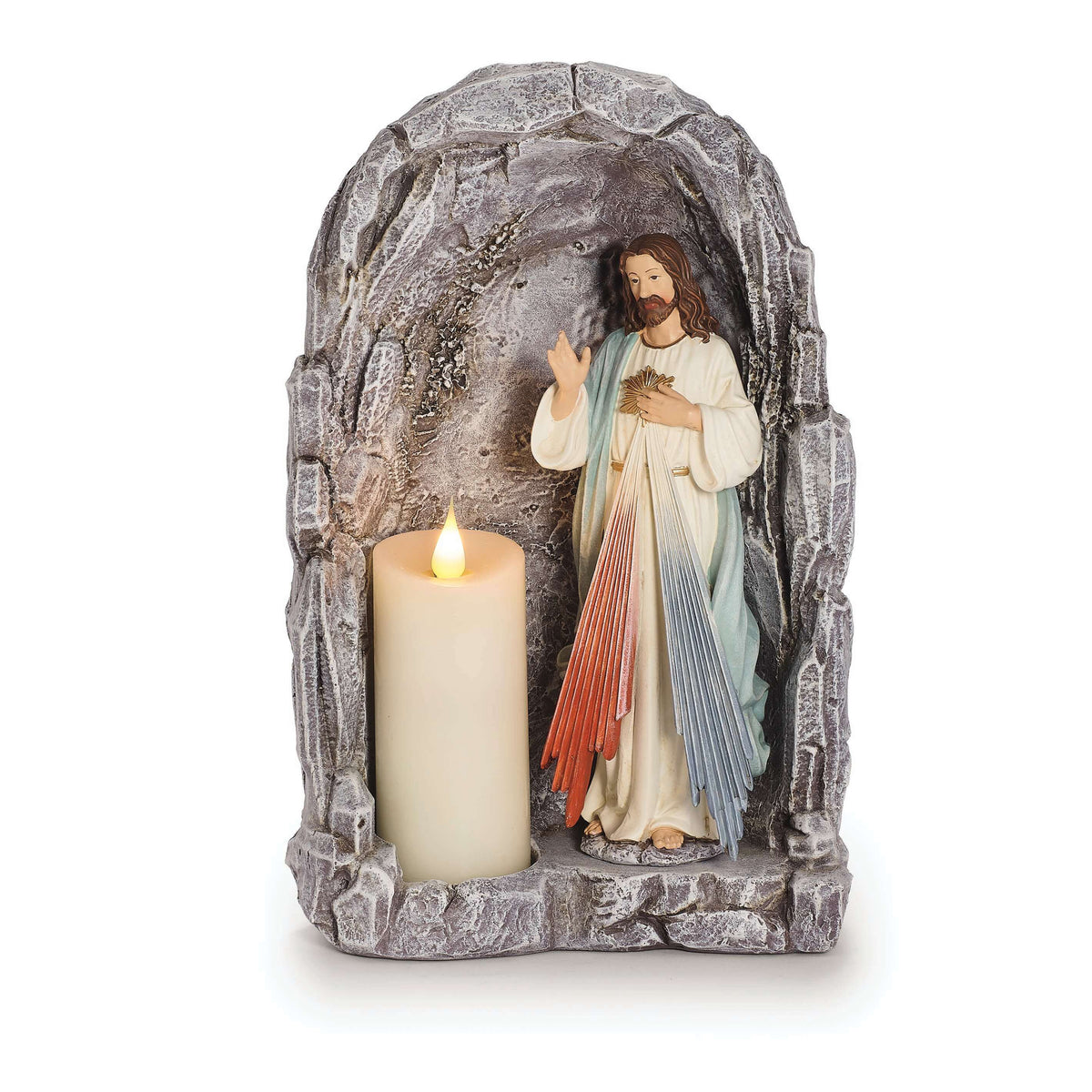 Divine Mercy Tabletop Grotto with Jesus figure and candle holder