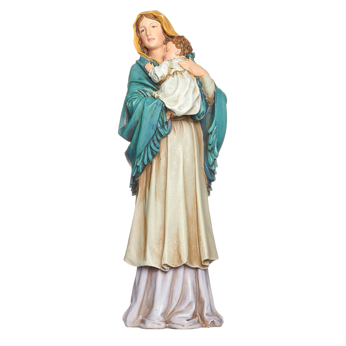 Front view of Joseph's Studio Madonna of the Streets Figure showing Mary holding the Christ Child close beneath her teal mantle