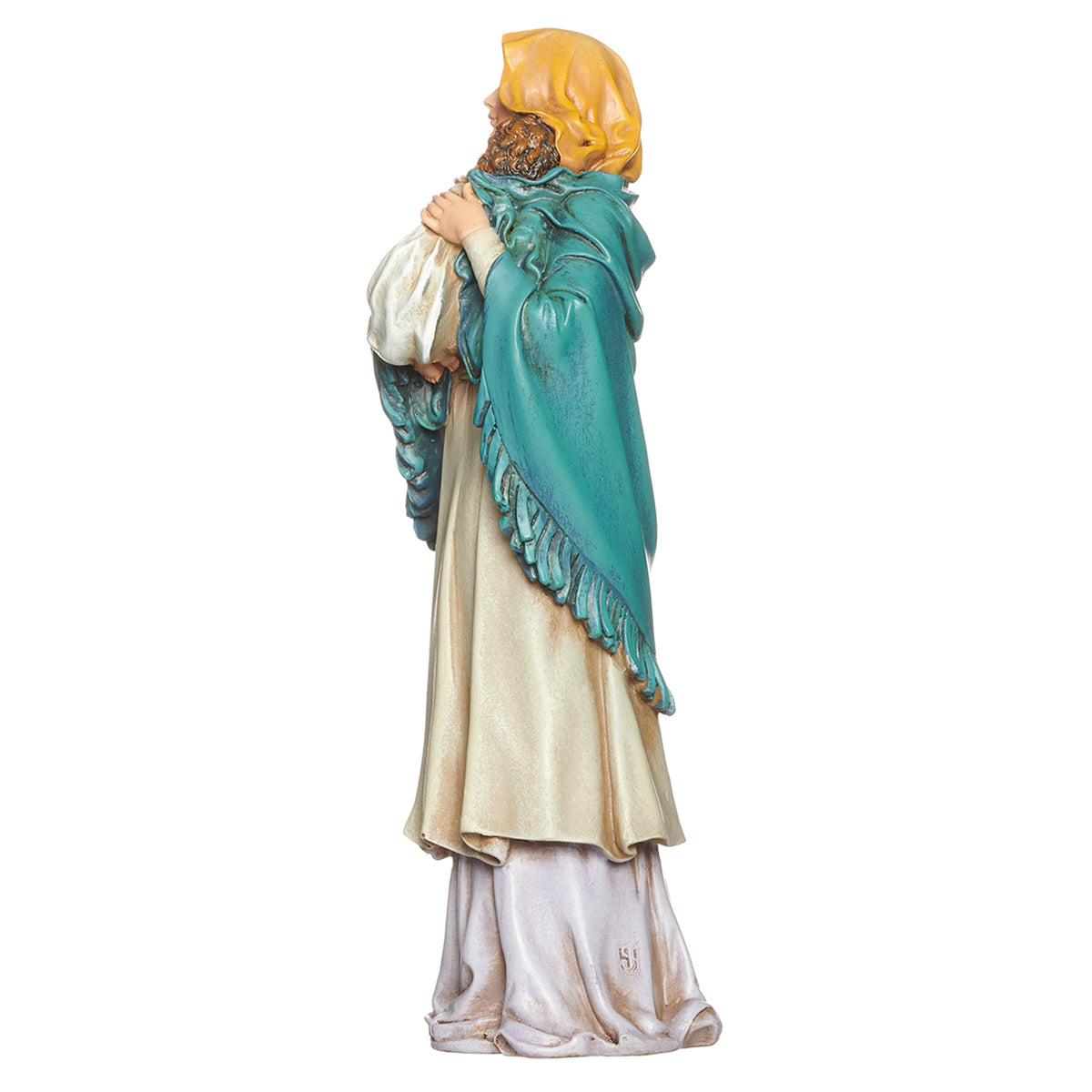 Side view of Joseph's Studio Madonna of the Streets Figure showing the child resting against Mary and the draped teal mantle