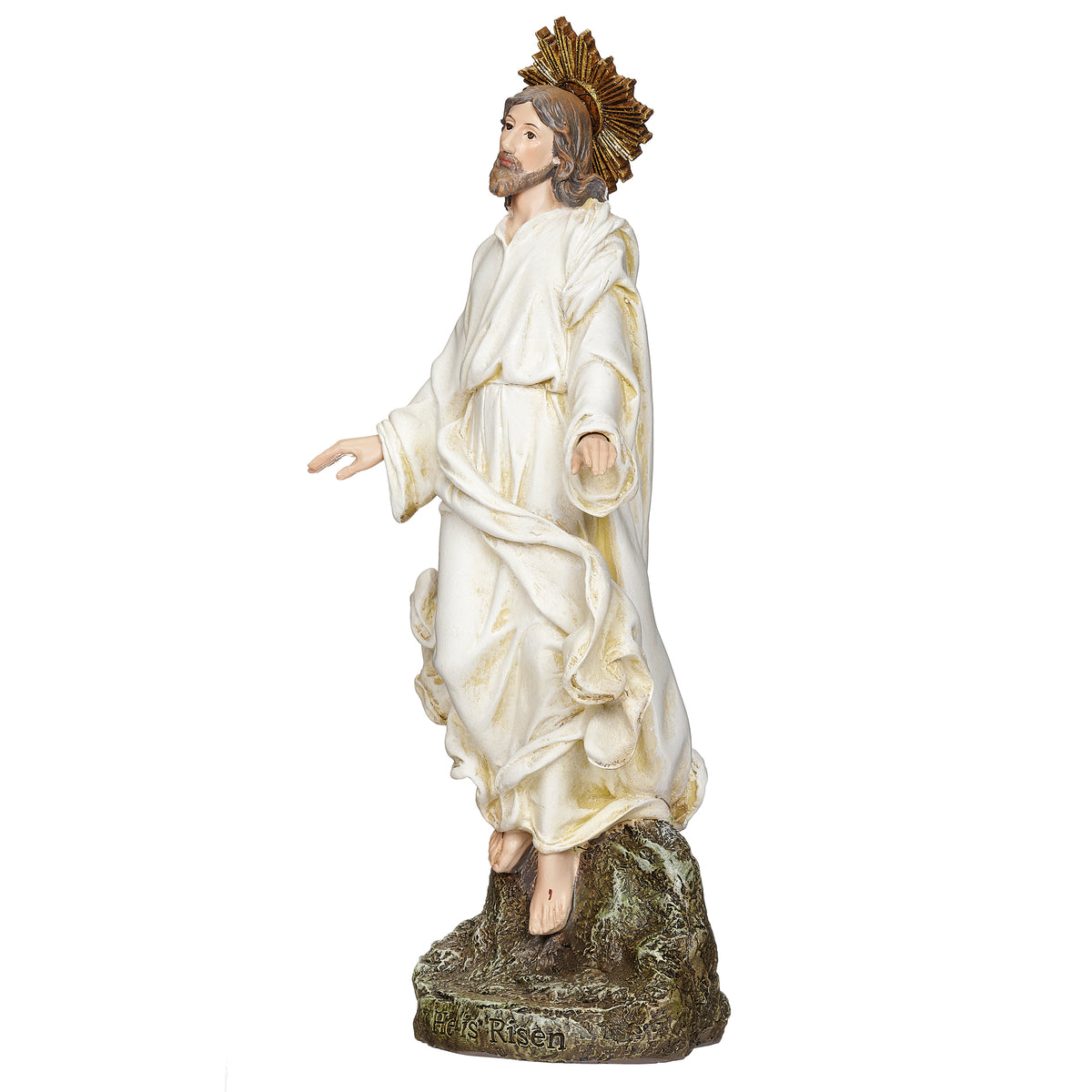 Front angled view of Joseph's Studio Christ Is Risen Figure showing Jesus with open arms, flowing white robes, radiant halo, and sculpted rock base