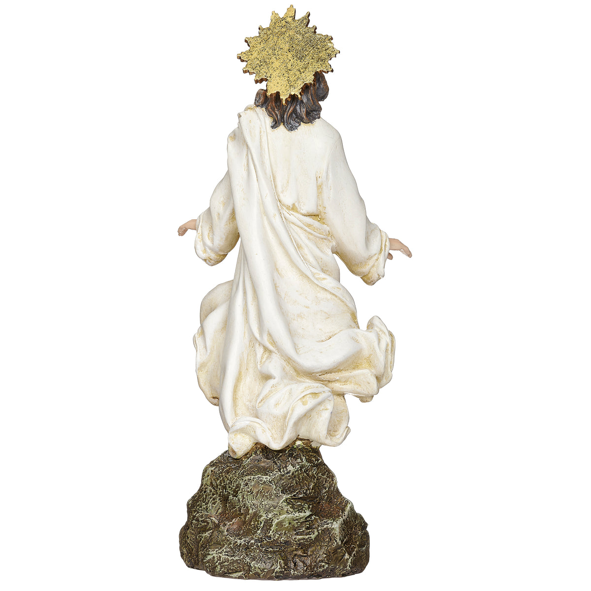 Back view of Joseph's Studio Christ Is Risen Figure showing the draped white robes, radiant halo, and textured stone-look base