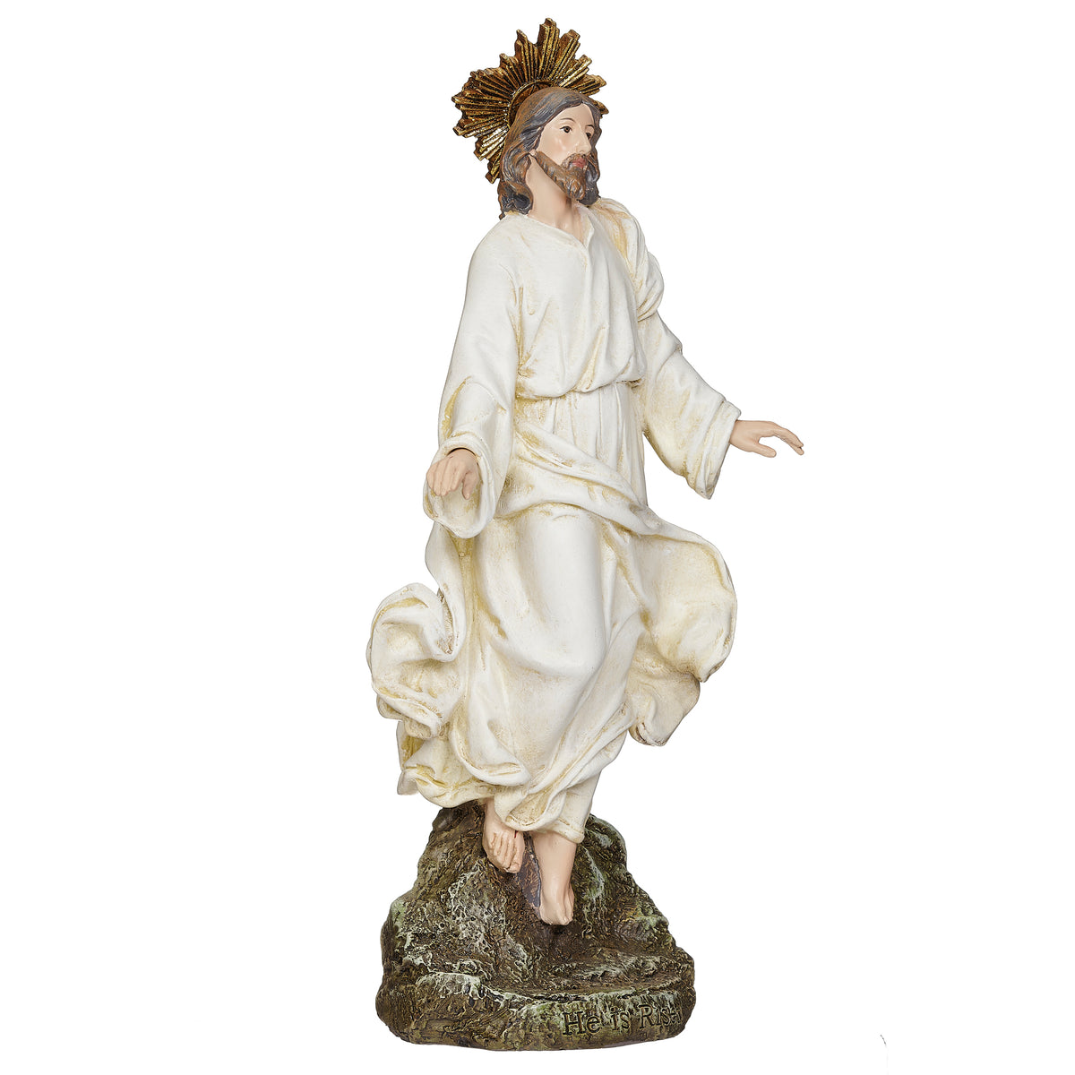 Rear angled view of Joseph's Studio Christ Is Risen Figure highlighting the flowing white garments, halo, and rocky pedestal