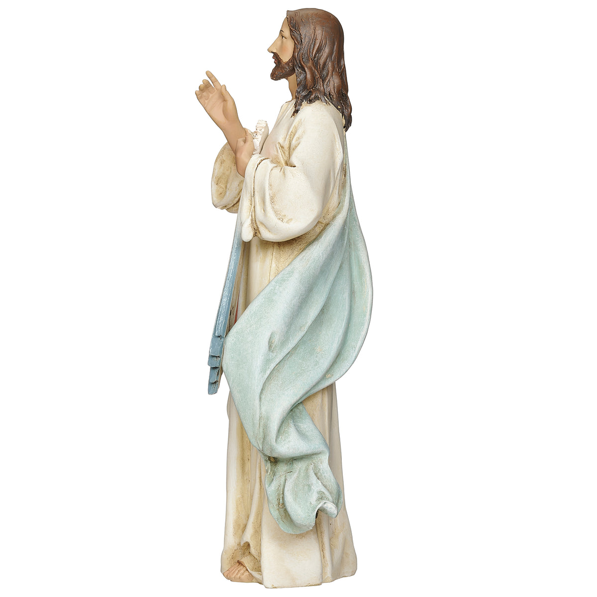 Side view of Joseph's Studio Divine Mercy Figure showing the flowing ivory robe, blue drape, and raised blessing hand