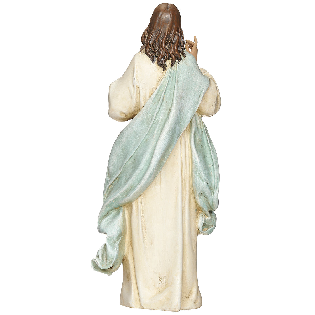 Back view of Joseph's Studio Divine Mercy Figure showing the flowing ivory robes and blue draped mantle