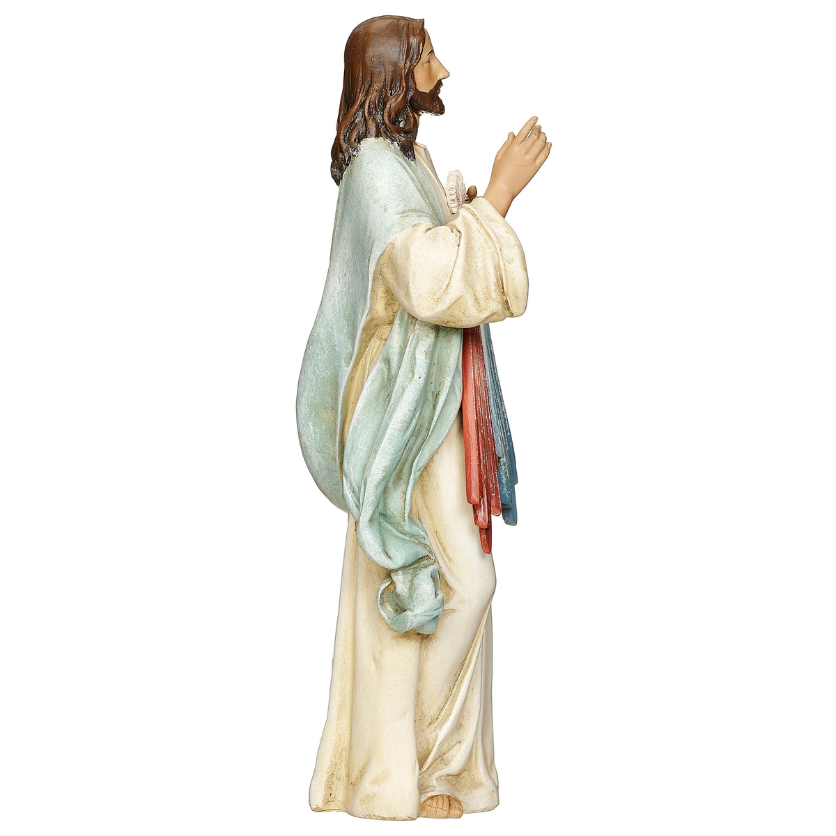 Opposite side view of Joseph's Studio Divine Mercy Figure showing the layered robes and red and blue-white rays along the front